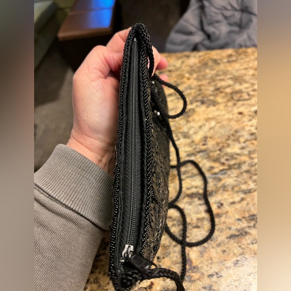 Magid handmade beaded purse black with zip top, rope strap and silky lining. - Picture 3 of 5